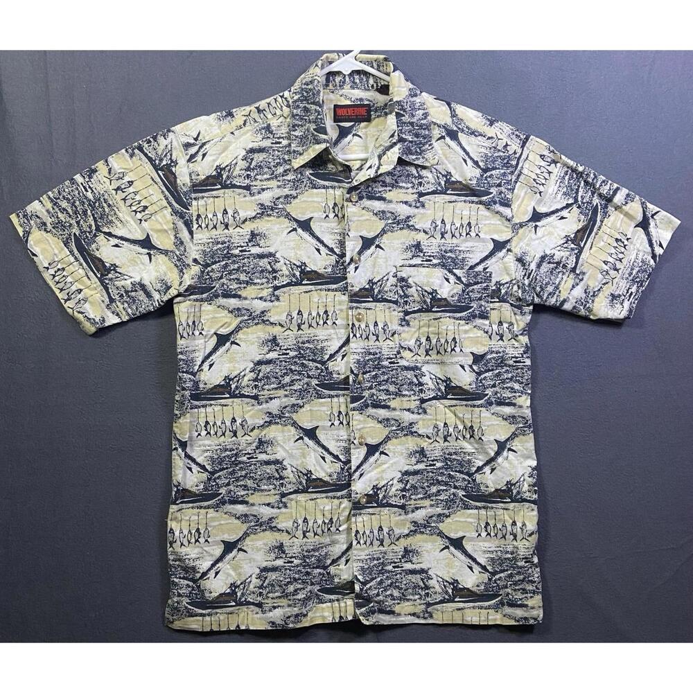Wolverine Boots And Gear Hawaiian Camp Shirt Mens M Blue Tan Shirt Swordfish AOP